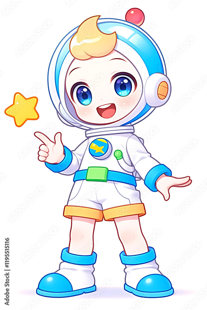 Cheerful alien character, joyful mood, wearing a spacesuit and pointing at a star Cheerful alien character, joyful mood, wearing a spacesuit and pointing at a star