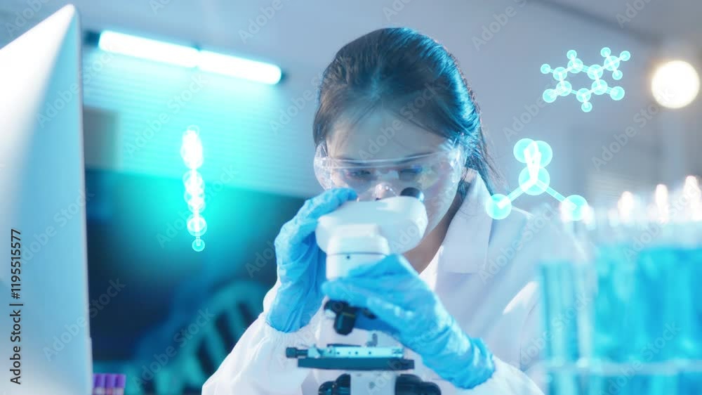 A futuristic molecule in laboratory, Female scientist researcher handling equipment, emphasizing scientific experimentation from microscope for pharmacy medical for and antibody for disease and virus