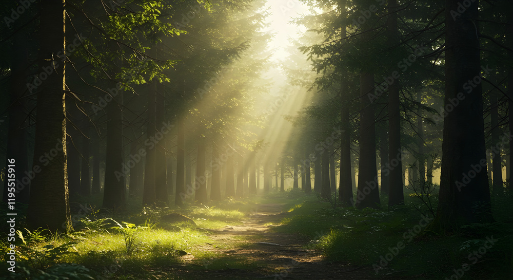 Obraz premium Sunrays through a Forest Canopy