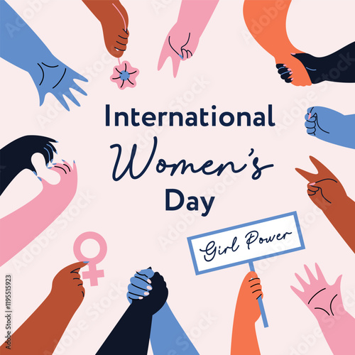 Illustration of abstract female hands. International Women s Day. Women s Equality. Vector design