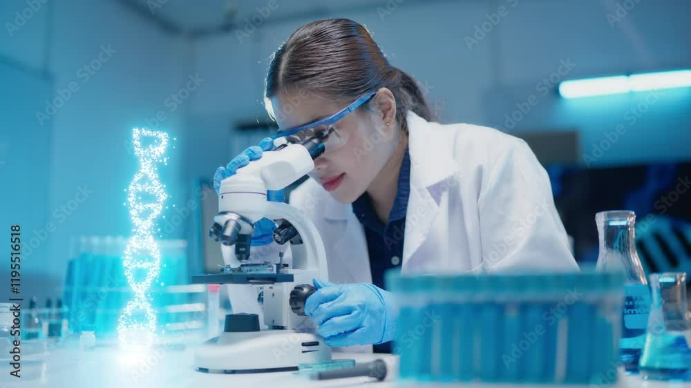 A futuristic DNA molecule Double Helix in laboratory, Female scientist researcher handling equipment, emphasizing scientific experimentation from microscope for pharmacy medical 