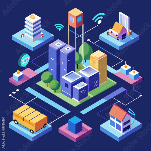 AI Generated: Isometric View of Smart City with Automated Systems Tracking and Analyzing Network Data photo