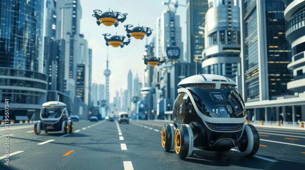 Obraz premium Futuristic cityscape featuring autonomous vehicles and drones navigating a modern urban environment.