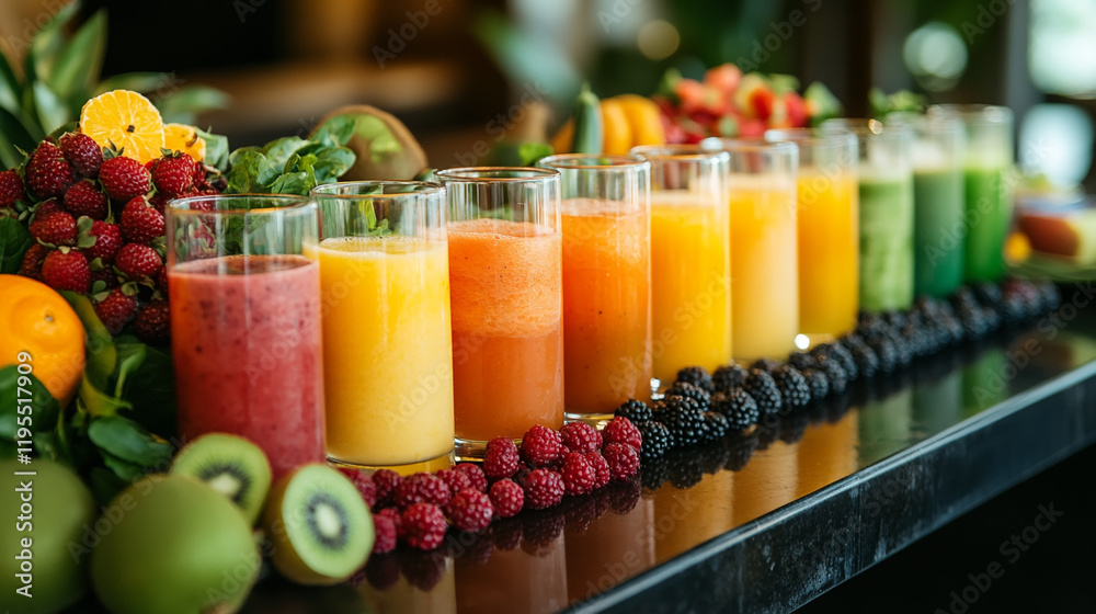 Rainbow of healthy juice drinks with fresh fruits.
Organic smoothie bar setup with fresh ingredients.Wellness detox juice collection Rainbow of healthy juice drinks with fresh fruits.
Organic smoothie bar setup with fresh ingredients.Wellness detox juice collection