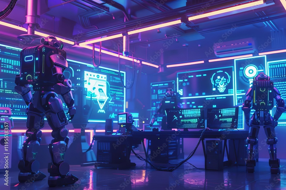 Futuristic control room with robots and digital interfaces in neon lighting. Futuristic control room with robots and digital interfaces in neon lighting.
