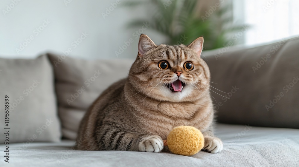 Obraz premium Adorable British Shorthair Cat Playing with Toy on Sofa
