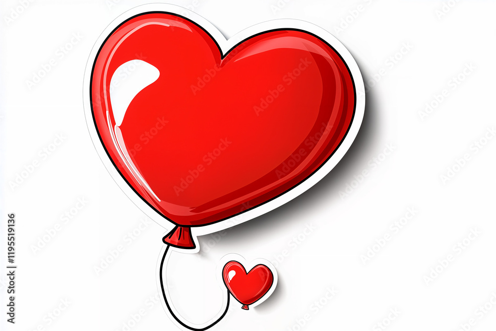 Two red heart shaped balloons, sticker with outline, valentine's day, on white background Two red heart shaped balloons, sticker with outline, valentine's day, on white background