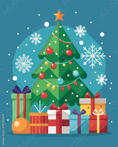 AI-Generated Christmas-themed background featuring snowflakes, a festive tree, and wrapped gifts under a cheerful holiday atmosphere photo