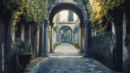 Stone path with arches and columns leading to a secret garden with lush greenery photo