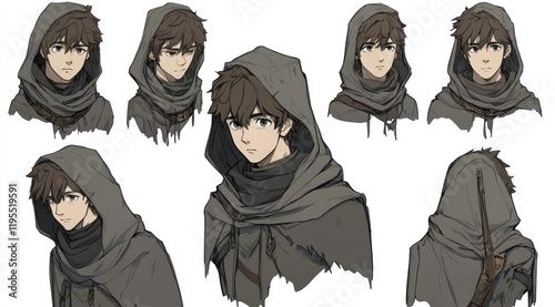 Hooded Boy Character Designs, Multiple Angles, White Background, Game Art photo