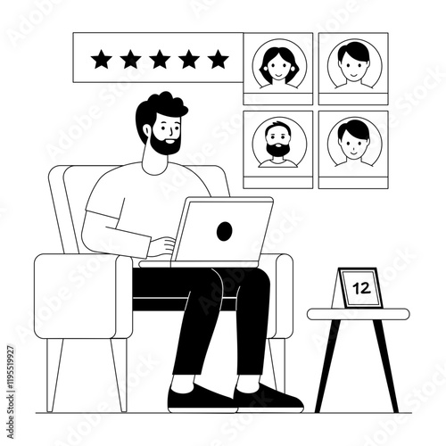 A man checking his profile reviews on laptop, sketchy illustration