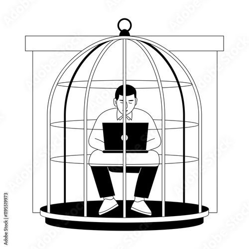 A hand drawn illustration of an employee stuck in a cage