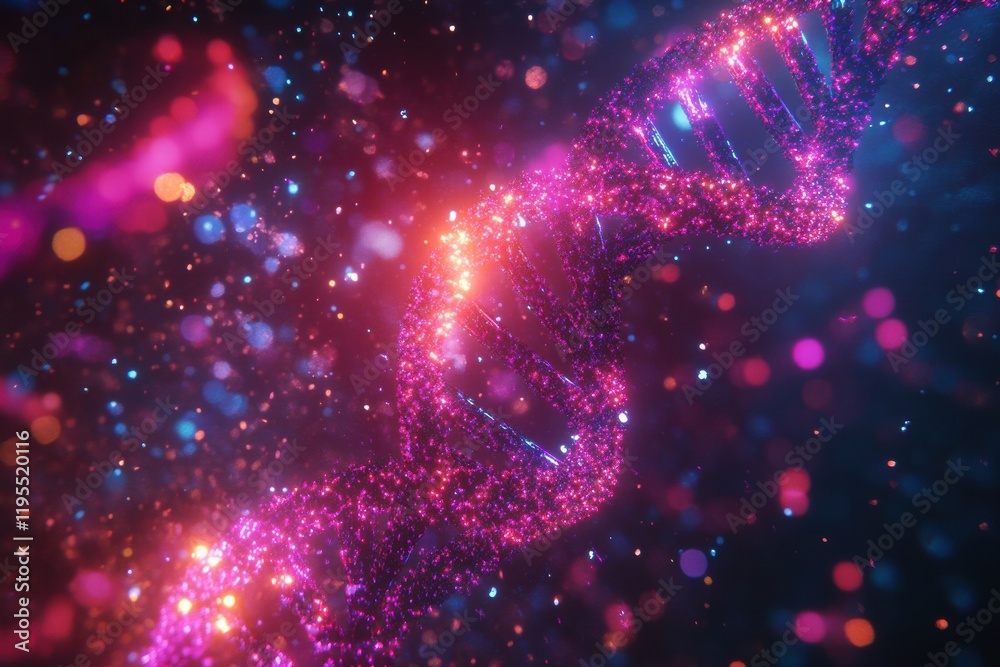 Glowing DNA double helix illuminated by vibrant molecular connections in a cosmic background. Generative AI Glowing DNA double helix illuminated by vibrant molecular connections in a cosmic background. Generative AI