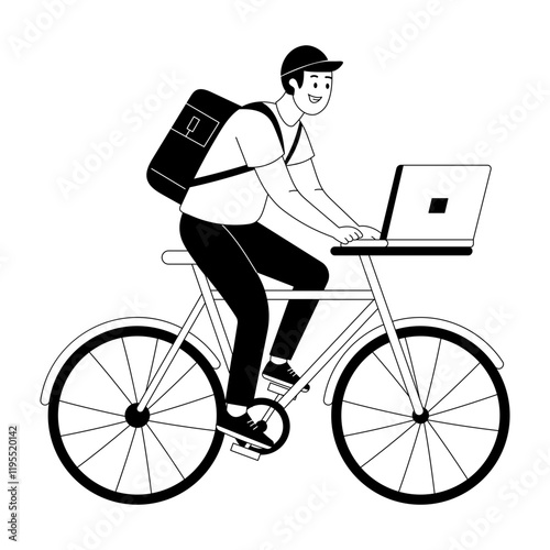 A hand drawn illustration of a workaholic person riding a bicycle