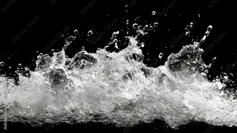 Dynamic water splash creating sharp contrasts and frozen motion against a deep black backdrop Dynamic water splash creating sharp contrasts and frozen motion against a deep black backdrop