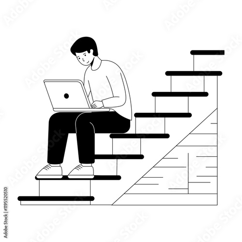 A sketchy illustration of a man sitting in stairs and using laptop