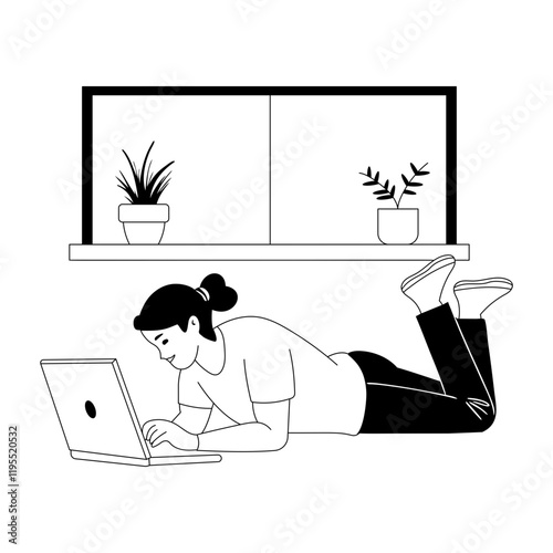 Female freelancer working on a laptop, hand drawn illustration