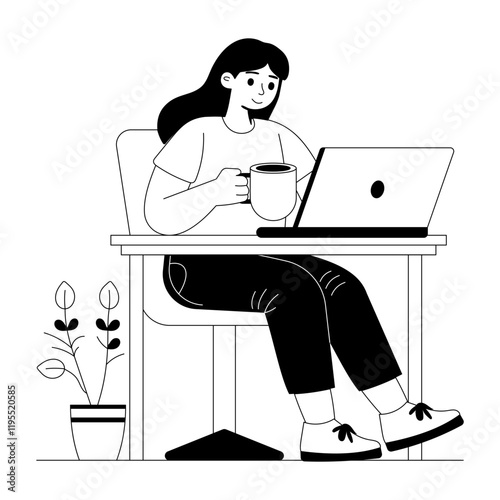 A hand drawn illustration of a woman drinking coffee while working