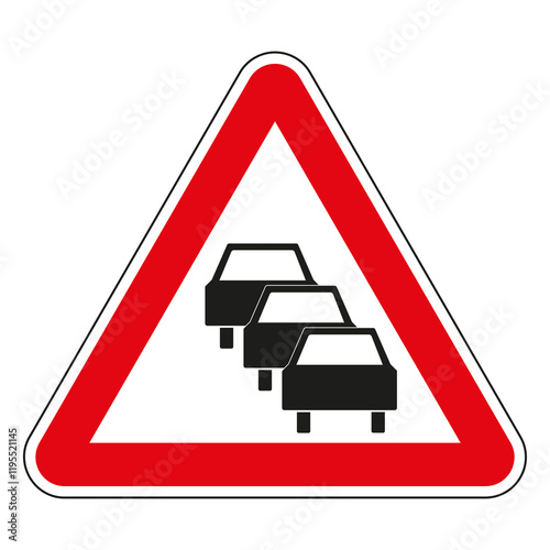 Red triangular traffic queue warning road sign signaling slowing or stopped traffic ahead