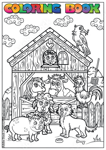 Black and white illustration of cute farm animals posing in front of a barn, ready to be colored