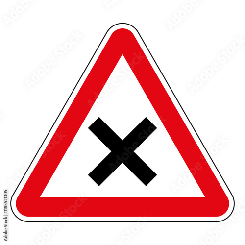 Red triangular road sign showing a black cross, warning drivers of an intersection ahead