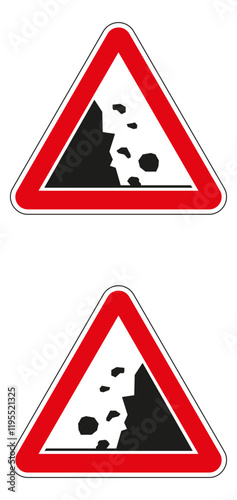 Red and white triangular road signs warning of falling rocks and debris from a cliff or mountainside