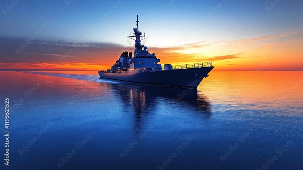 Destroyer sailing at sunset. Destroyer sailing at sunset.