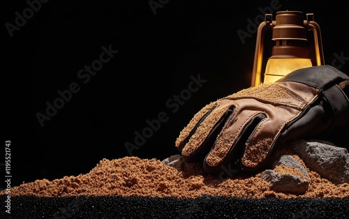 Miner's gloves covered in dust and grime resting on a rock near a glowing lantern emphasizing the grit of the profession photo