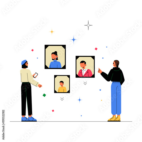 Male And Female Characters At NFT Art Exhibition In Flat Vector Illustration Symbolizing Digital Art, Blockchain Technology, And Virtual Gallery, Isolated On White Background