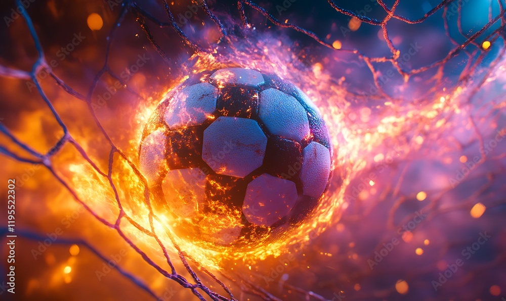 Fototapeta premium The soccer ball in the net with a powerful explosion of light and color behind it