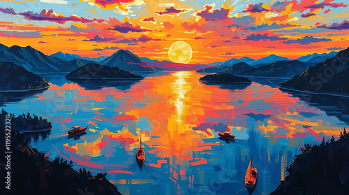 Beautiful acrylic painting of mointain lake with boat at sunset. Artistic wallpaper painted with thick brush strokes on canvas photo