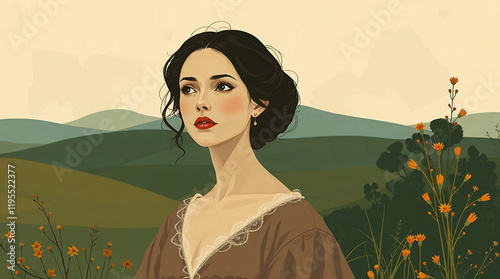 Beautiful young woman painted in Victorian style using flat design technique