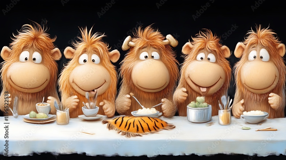Obraz premium Fluffy Friends' Festive Feast: A Whimsical Painting