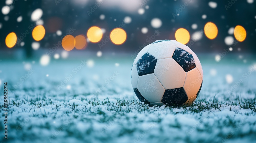 Snow-Covered Soccer Ball on Field with Blurry Lights in Background, Capturing the Essence of Winter Sports and Playful Outdoor Activities in a Magical Atmosphere Snow-Covered Soccer Ball on Field with Blurry Lights in Background, Capturing the Essence of Winter Sports and Playful Outdoor Activities in a Magical Atmosphere