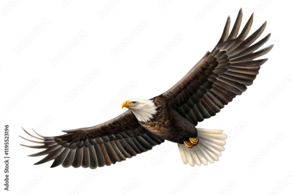 A spread-wing bald eagle soars in the sky. isolated on white background.PNG