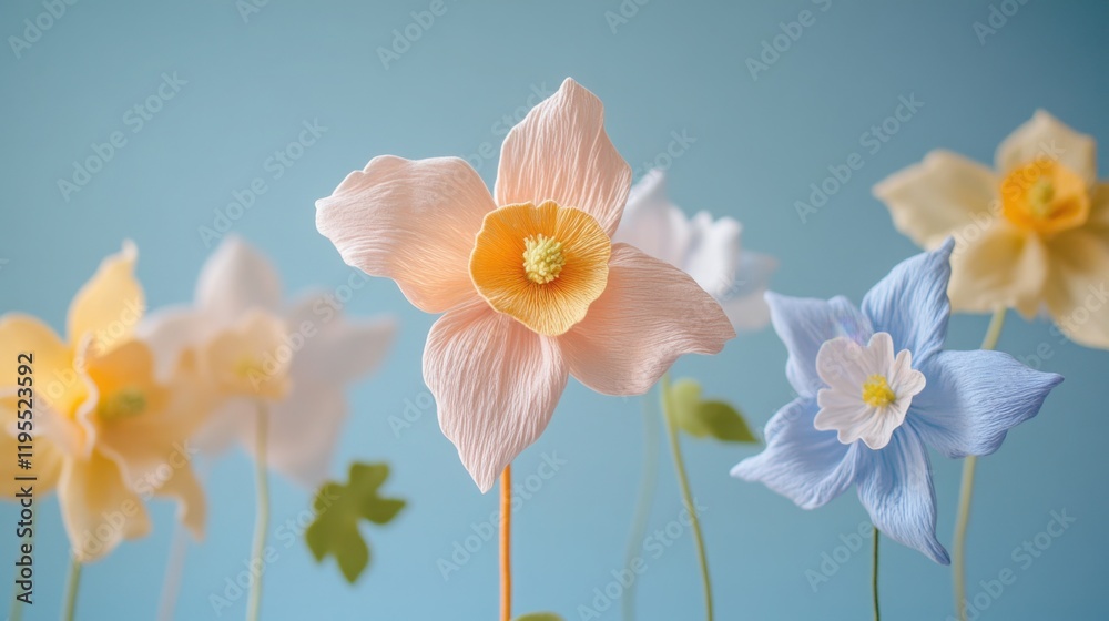 Naklejka premium Tender Columbine flowers, pastel floral wallpaper, cotton fabric texture, delicate aesthetic effect