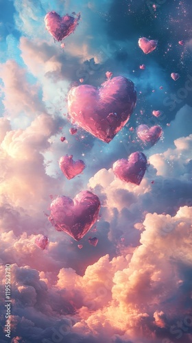 A romantic watercolor painting of hearts floating in pastel clouds, ideal for Valentine's Day cards or decor.