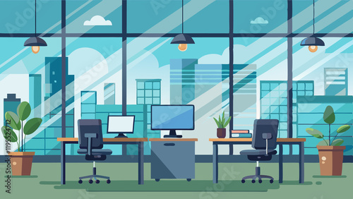 AI-Generated flat vector-style professional office background featuring desks, computers, and large glass windows for a modern workspace concept photo