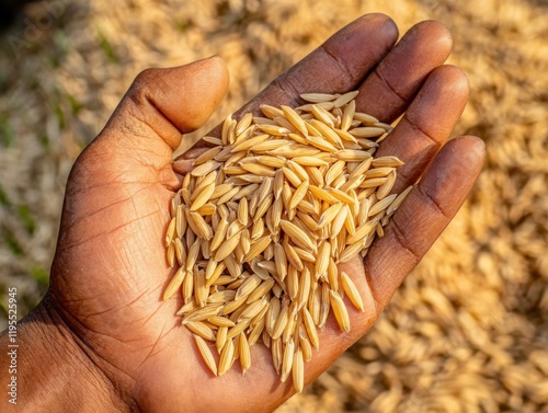 Close-up of rice husk in a farmer's hand. Featuring dry husks and raw rice grains. Highlighting harvest and agriculture. Ideal for farming and organic food content.