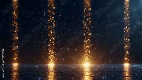 Four golden streams of light descend from the dark background, glittering with small particles onto a reflective surface.