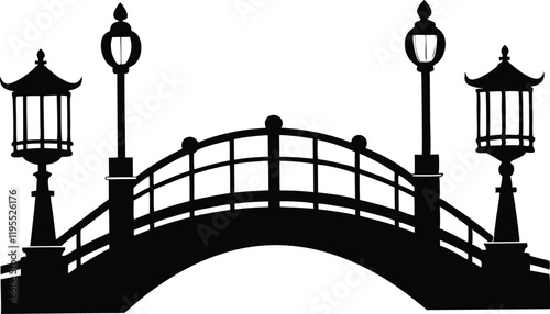 Bridge with lanterns black silhouette vector icon illustration