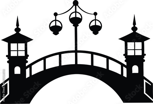 Bridge with lanterns black silhouette vector icon illustration