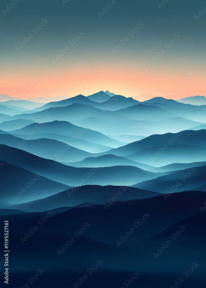 Layers of misty blue mountains dissolve into a vibrant horizon, evoking tranquility and a sense of endless exploration at dawn. Layers of misty blue mountains dissolve into a vibrant horizon, evoking tranquility and a sense of endless exploration at dawn.