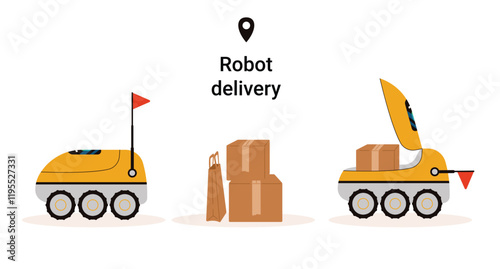 Robot delivery vector clip art collection. The robot's lid is open and the parcels are loaded. The robot delivers the parcel to its destination.