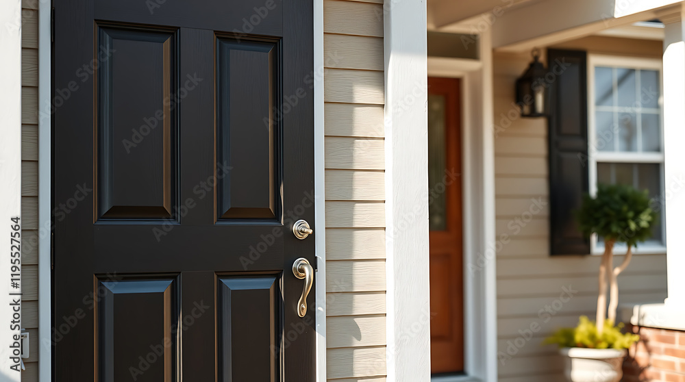 Fototapeta premium Elegant Black Front Door of a Modern House. High-quality exterior design, showcasing beautiful architecture and landscaping. Ideal for real estate and home decor.
