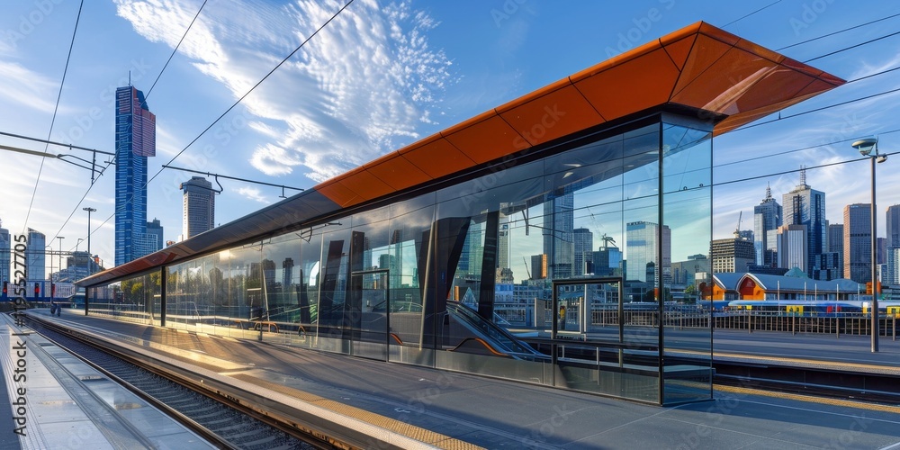 Fototapeta premium Modern train station with glass structure and city skyline in the background during sunset.