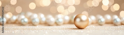 Elegant golden pearl among a row of luminous pearls on a soft background.