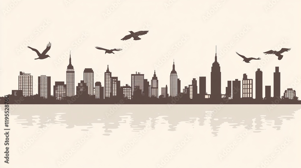 Fototapeta premium Stunning Cityscape Silhouette with Birds Flying Over Water
