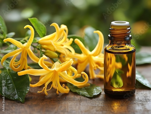 A glass dropper bottle of ylang ylang essential oil and flowers of ylang yalang