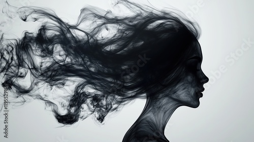 In an otherworldly scene, a faintly illuminated female silhouette with smoke flowing as her hair exudes grace and an air of surreal enchantment. photo